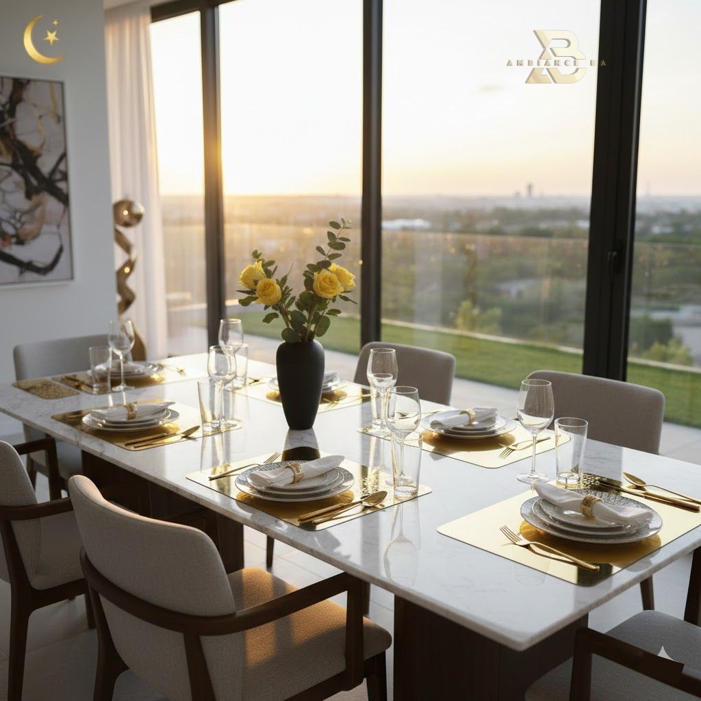 مفارش طاولة فاخرة – مزيج الخشب الطبيعي والذهب الأنيق