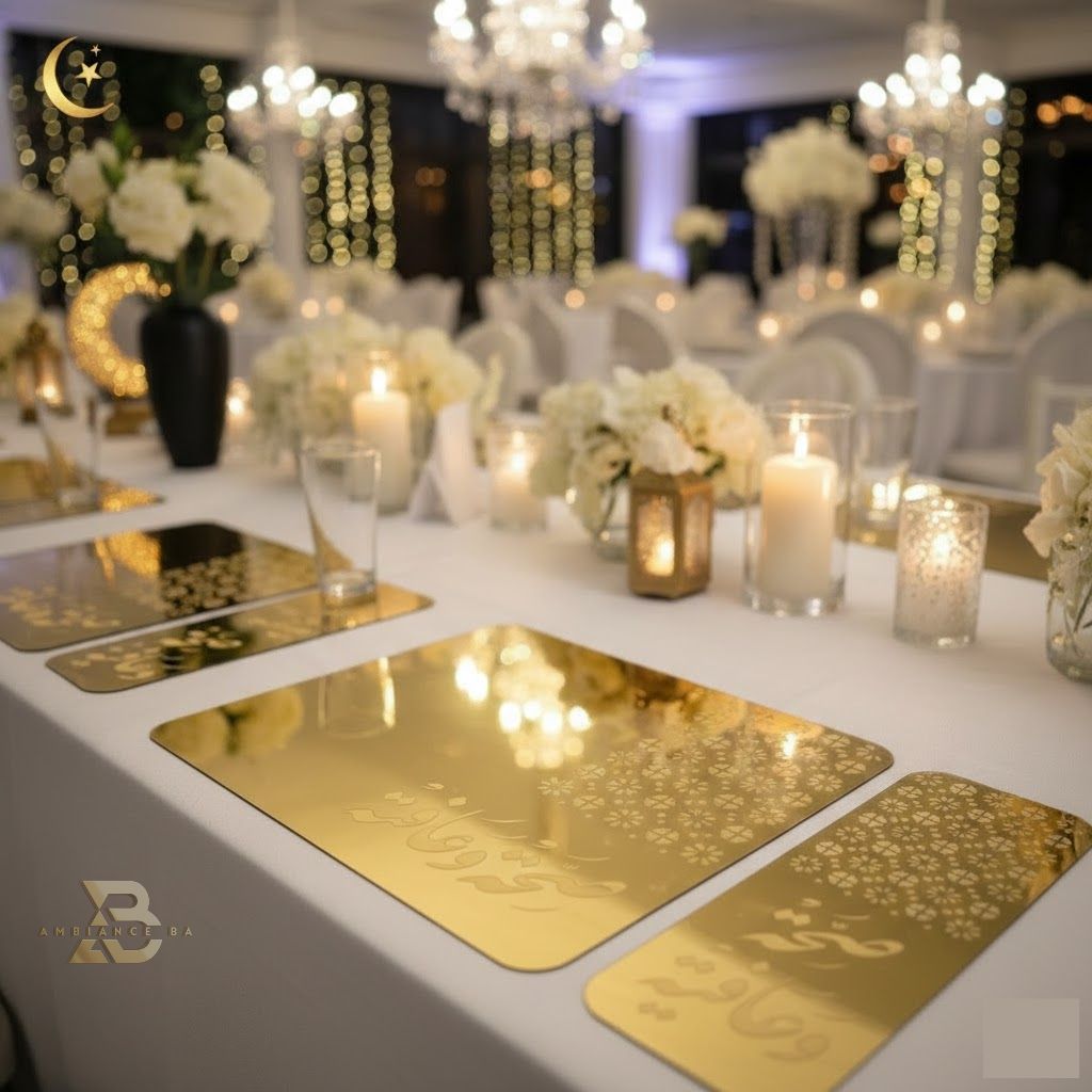 مفارش طاولة فاخرة – مزيج الخشب الطبيعي والذهب الأنيق