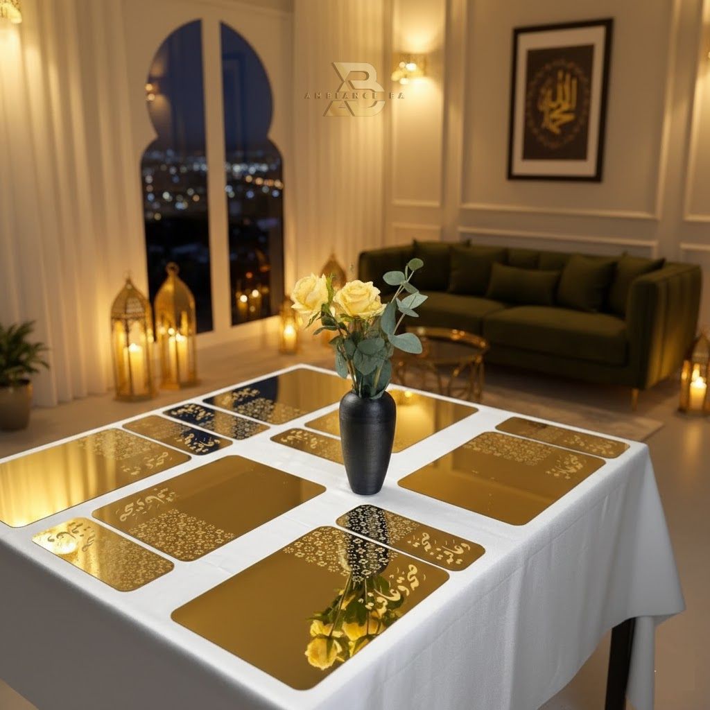 مفارش طاولة فاخرة – مزيج الخشب الطبيعي والذهب الأنيق